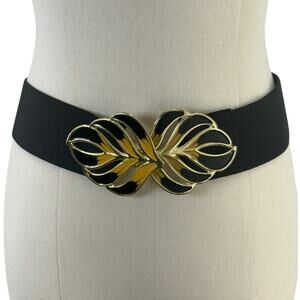 Vintage 80s Black Stretch Waist Belt Gold Leaf Buckle Wide Elastic 28”